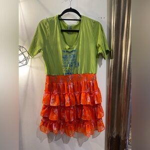 OOAK Upcycled Life is Good Green Graphic Tee with Orange Floral Ruffle Skirt